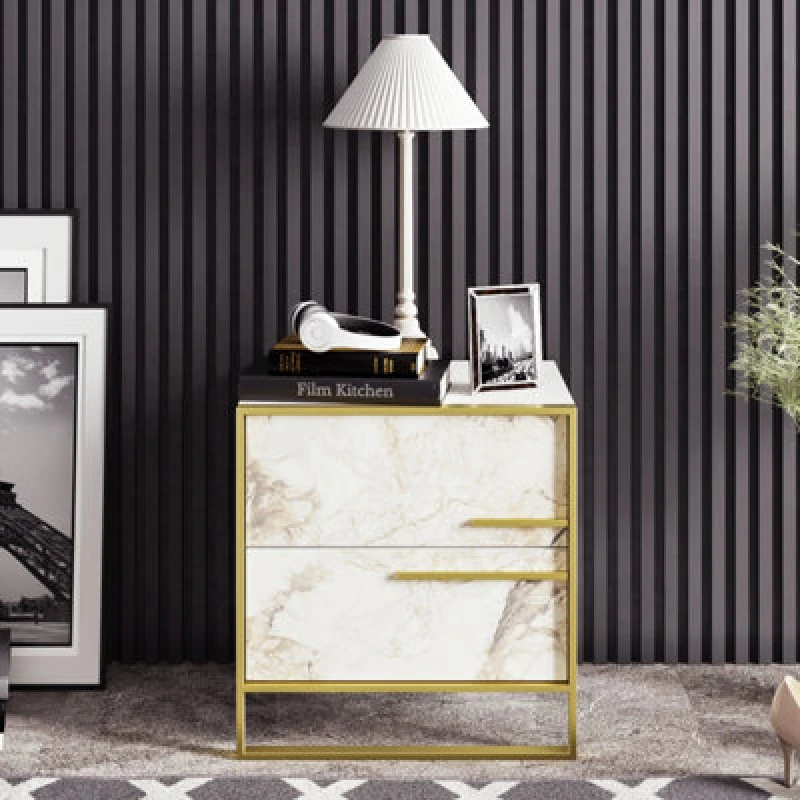 Image of Decorotika Polka Nightstand 2 Drawer Bedside Table White Marble Effect & Gold