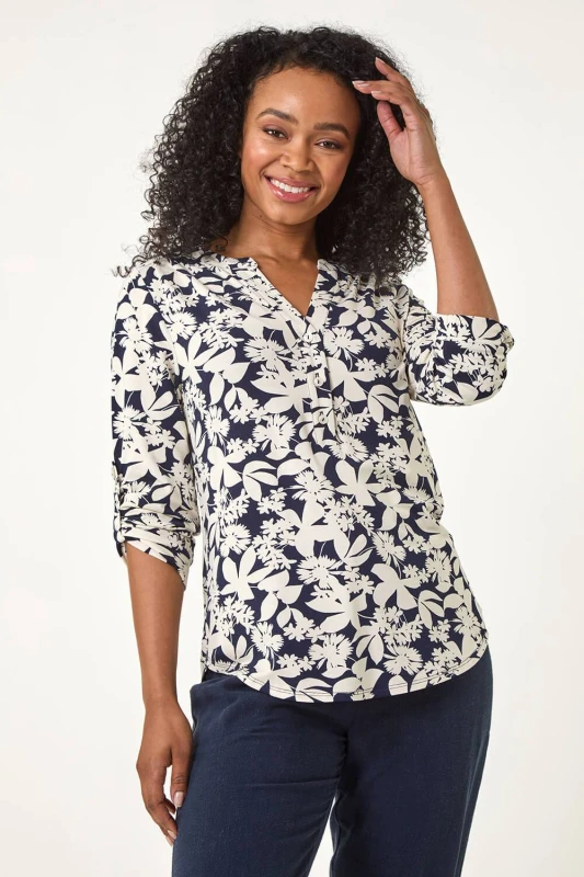 Image of Roman Womens Petite Floral Print Button Through Shirt in Navy Size: 14 Navy Female 14
