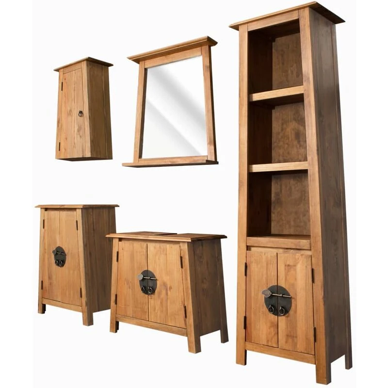 Image of vidaXL Bathroom Set Wooden Vanity Unit Cabinet Mirror 5 Pieces Solid Pinewood