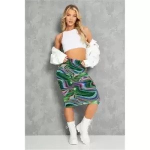 Image of I Saw It First Green Abstract Printed Double Layer Mesh Co-Ordmidi Skirt - Green