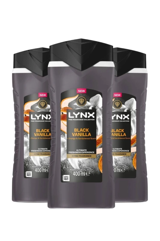 Image of Lynx Mens Black Vanilla Body Wash with 12H Freshness for Men, 400ml 3 Pack Black Male