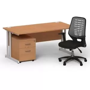 Image of Impulse 1600 x 800 Silver Cant Office Desk Oak 2 Dr Mobile Ped &