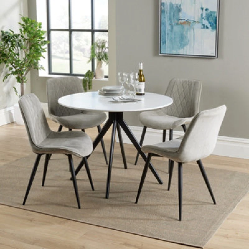 Image of Core Products Aspen White 100Cm Round Dining Table With 4 Light Grey Cord Fabric Diamond Stitch Design Chairs