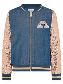 Monsoon Girls Sequin Unicorn Denim Bomber Jacket - Blue