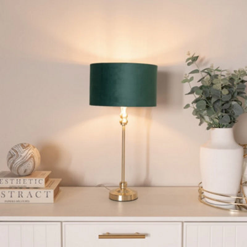 Image of ValueLights ValueLights Maggie Gold Candlestick Table Lamp with Velvet Drum with Gold Inner Lamp Shade in Bottle Green Bottle Green One Size Unisex 50