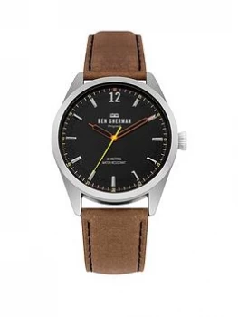 image of Ben Sherman Spitalfields Social Tan Leather Strap Watch with Brushed Black Dial, One Colour, Men