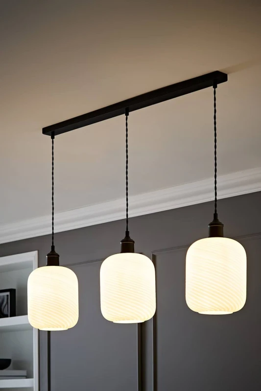 Image of ValueLights Emery Frosted Swirl Glass 3 Drop Black Diner Ceiling Pendant Light in White White Unisex