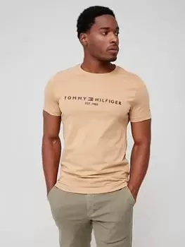 Image of Tommy Hilfiger Logo Embroidered Tee - Tan, Khaki, Size L, Men