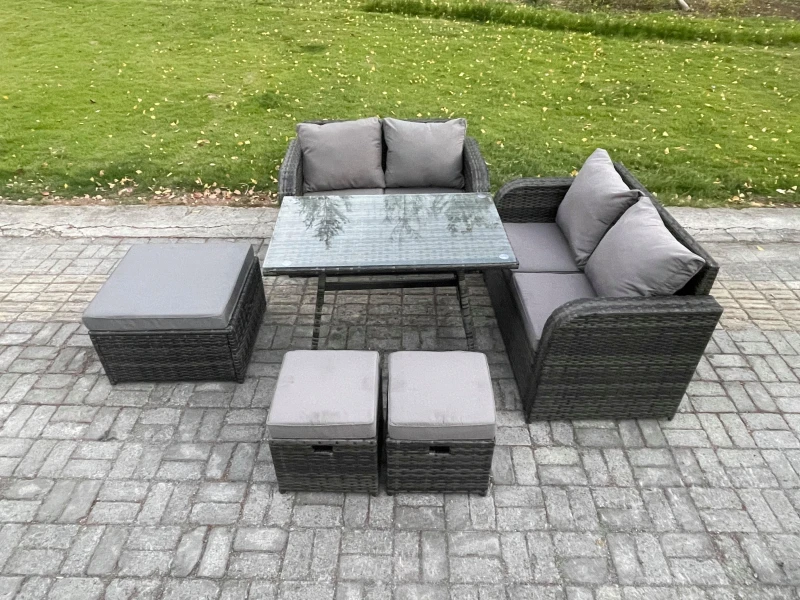 Image of Fimous Outdoor Garden Furniture Sets 6 Pieces Rattan Furniture Manual Wicker Patio Sofa Patio Conversation Set with 3 Footstools Dark Grey