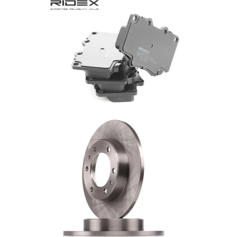 Image of RIDEX 3405B2727 Brake disc and pads set Front Axle, Brake Disc Type: Solid, incl. wear warning contact Brake Set,disc brakes (3405)