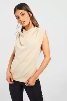 Image of Cowl Neck Crepe Shoulder Pad Blouse