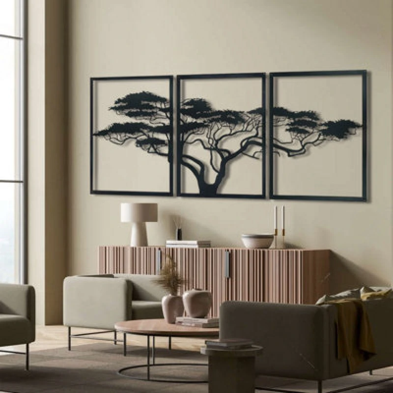 Image of Decortie Africa Tree 3-Panel Metal Wall Art Set 150X74Cm Textured Black