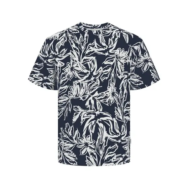 image of Leaf Print Cotton T-Shirt with Short Sleeves