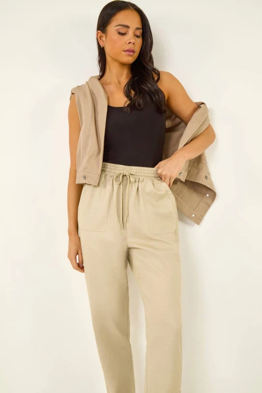 Image of Roman Womens Petite Elasticated Waist Trouser in Stone Size: 14 Stone Female 14