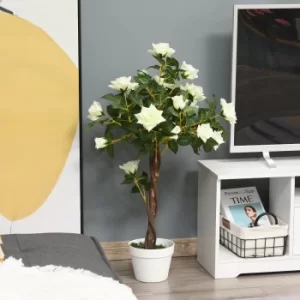 Image of Outsunny Artificial Camellia Tree Fake Decorative Plant 21 Flowers with Nursery Pot for Indoor Outdoor Decor, 90cm, White and Green