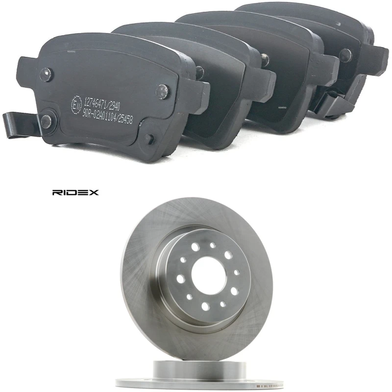 Image of RIDEX 3405B2443 Brake disc and pads set Rear Axle, Brake Disc Type: Solid, with acoustic wear warning Brake Set,disc brakes (3405)