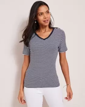 image of Cotton Traders Womens Wrinkle Free Short Sleeve Stripe V-Neck Top in Blue