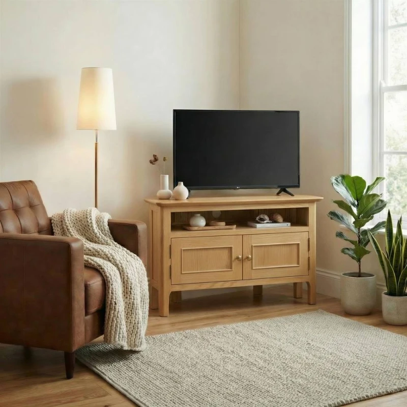 Image of FurnitureboxUK Belle Solid Oak Wood Corner TV Stand in Light Brown Light Brown Unisex