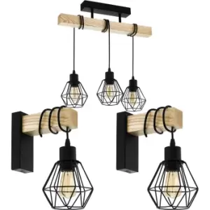 image of Ceiling Spot Light & 2x Matching Wall Lights Black Wire Cage & Wood Trendy Lamp