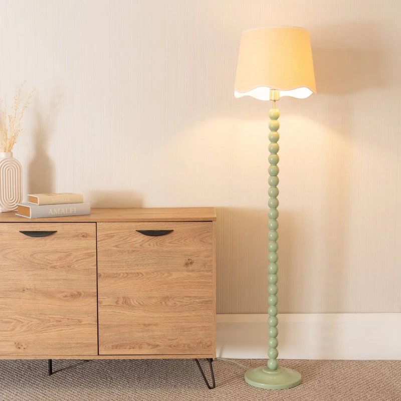 Image of ValueLights Bobbins Sage Green Floor Lamp with Linen Scallop White Trim Shade Pale Green