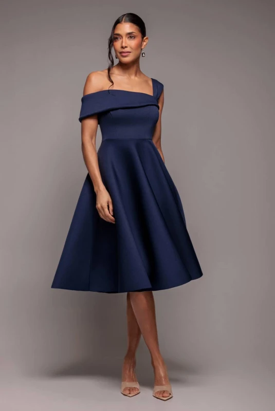 Image of Goddiva Womens One Shoulder A Line Midi Dress in Navy Size: 10 Navy Female 10
