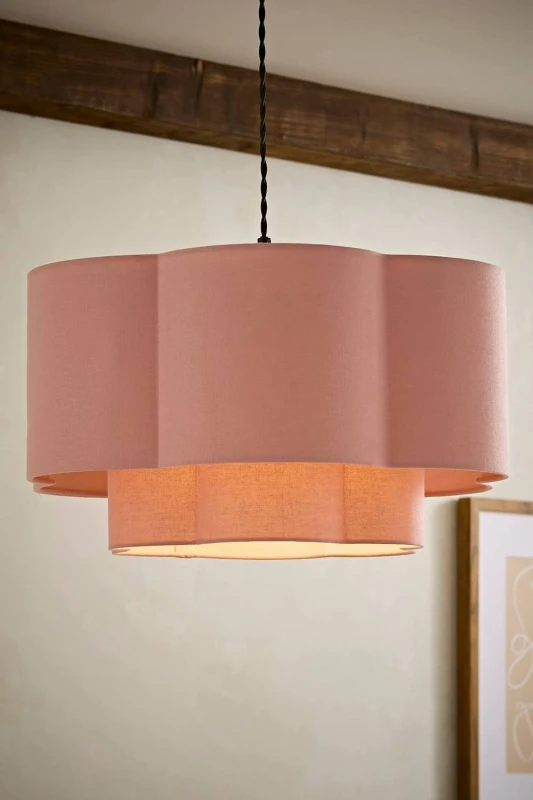 Image of ValueLights Nora 2 Tier Pastel Linen Scallop Easy Fit Pendant Ceiling Lamp Shade in Baby Pink Baby Pink Unisex