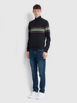 Image of Farah Half Zip Stripe Detail Sweat - Navy, Size S, Men
