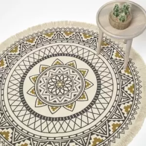 Image of Black & Gold 100% Cotton Mandala Printed Round Rug - Black - Homescapes