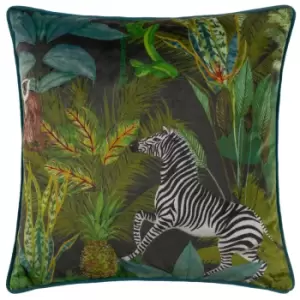 image of Aranya Piped Velvet Cushion Jungle, Jungle / 43 x 43cm / Polyester Filled