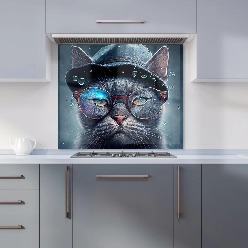 Image of Warren Reed - Designer Russian Blue Cat Splashart Kitchen Splashback Size: 600mm x 750mm Multicolor Unisex 600mm x 750mm