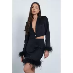 image of I Saw It First Black Faux Feather Trim Cropped Blazer With Shoulder Pads - Black