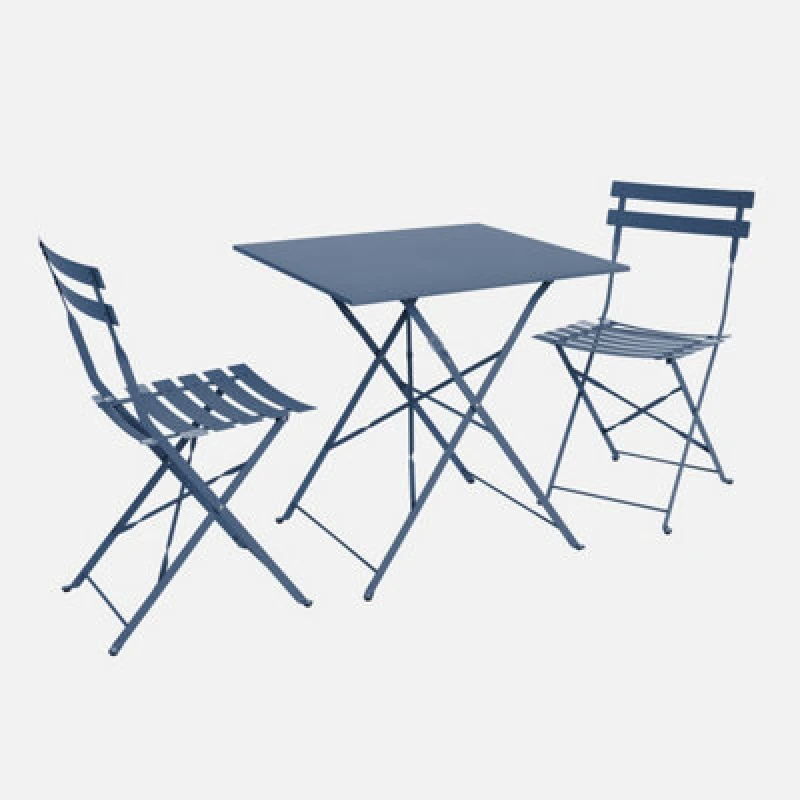 Image of Sweeek - Square 2-Seater Folding Metal Bistro Garden Table With 2 Chairs Grey Blue 70X707X71cm - Emilia