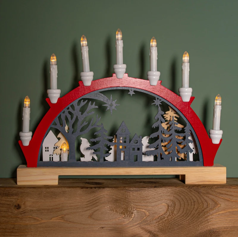 Image of 45cm Battery Operated Light up Red Wooden Christmas Candle Bridge with 9 Warm White LEDs