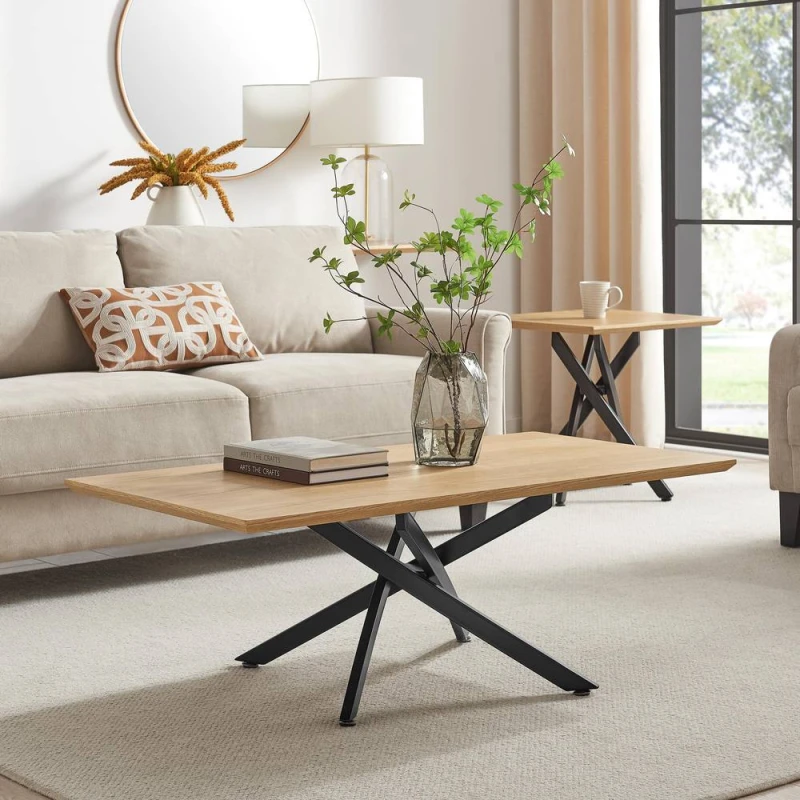 Image of FurnitureboxUK Leonardo Rectangular Oak Veneer & Black Coffee Table in Light Brown Light Brown Unisex