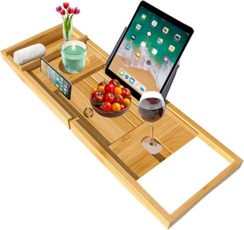Image of MANTRARAJ Bamboo Bath Caddy Bath Tray with Extending Sides Wood Bathtub Rack Brown