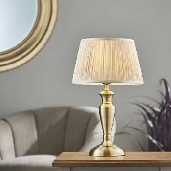 image of Freya Table Lamp Antique Brass Plate & Oyster Silk 1 Light IP20 - E27