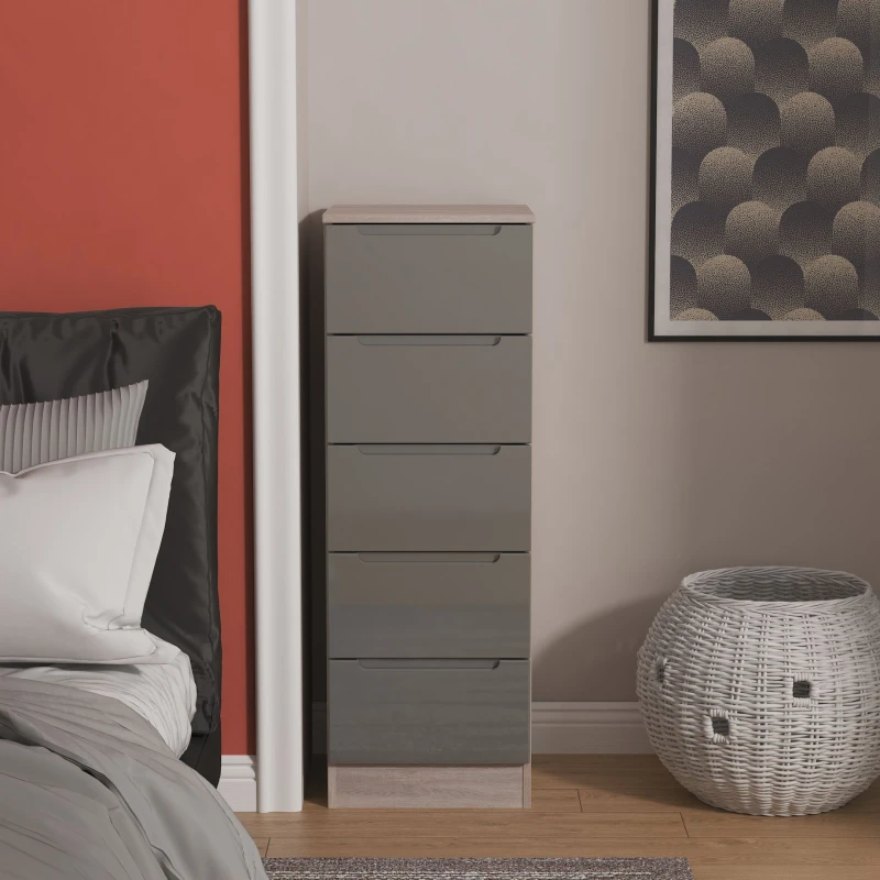 Image of Welcome Furniture Ltd Milan 5 Drawer Tall Bedside Cabinet in Grey Gloss & Grey Oak - Ready Assembled, Grey MIL003GGGO