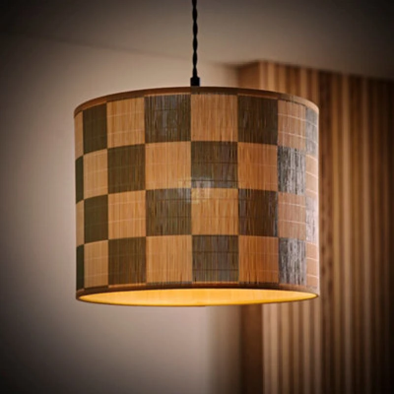 Image of ValueLights ValueLights Lori Green Checkerboard Bamboo Drum Easy Fit Lamp Shade with Bulb in Pale Green Pale Green One Size Unisex 5059406069574