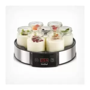 image of VonShef Digital Yoghurt Maker with 7 Jars - Electric, Compact, Stainless Steel Machine with LED Display & Timer, 180ml Glass Containers / Yoghurt