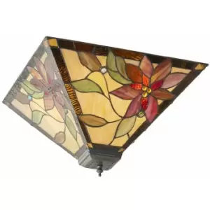 Image of Tiffany Glass Semi Flush Ceiling Light Red Flower Inverted Square Shade i00053