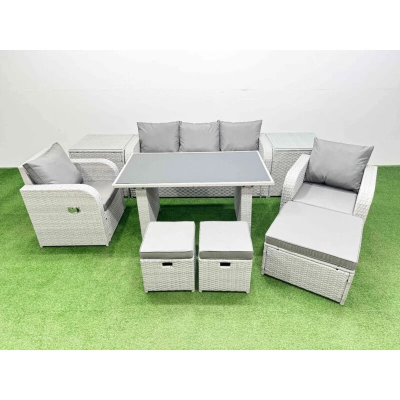 Image of Fimous Outdoor Rattan Garden Furniture Dining Set 8-seater with 2 Side Tables in Light Grey Light Grey Unisex