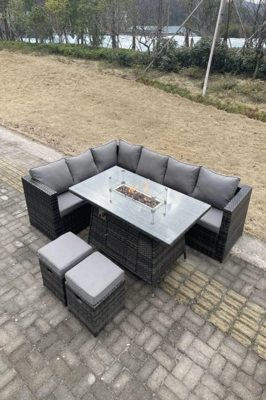 Image of Fimous Rattan Garden Corner Furniture Gas Fire Pit Table Sets 8 Seater Dark Grey