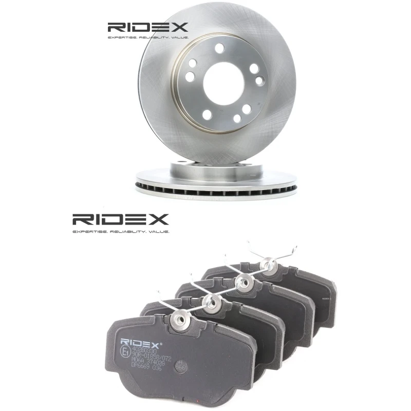 Image of RIDEX 3405B2770 Brake disc and pads set Front Axle, Brake Disc Type: internally vented, prepared for wear warning indicator Brake Set,disc brakes (34