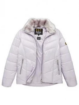 Image of Barbour International Girls Nurburg Quilted Faux Fur Collar Jacket - Haze, Haze, Size 8-9 Years, Women