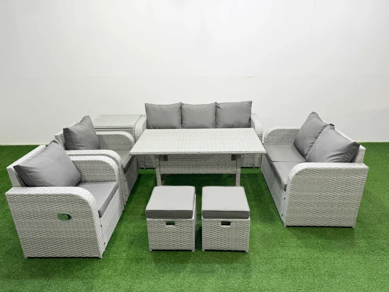 Image of Fimous PE Rattan Garden Furniture Set Reclining Chair Sofa Double Love Seat 2 Seater Sofa Lounge Set Rectangular Dining Table 2 Stools Side Table Ligh