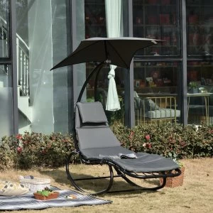 image of Outsunny Patio Rocking Chaise Lounge Rocking Bed with Canopy Cushion Headrest Pillow