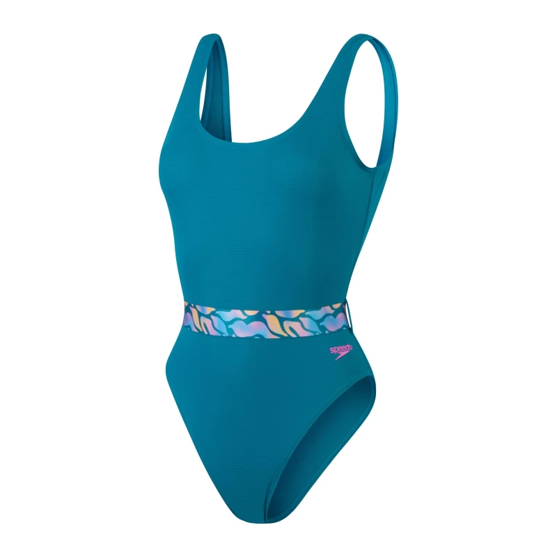 Image of Speedo Womens Belted Deep U-Back One Piece Swimsuit Green female 28 (2XS)