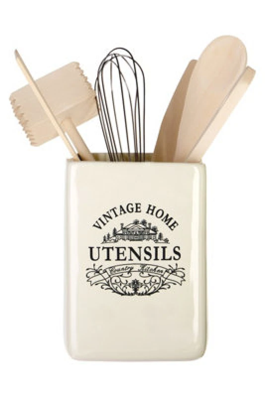 Image of Interiors by Premier Vintage Home ceramic utensil holder, Cream Ceramic Kitchen Utensil Holder, Stylish Cooking Utensil Holder Cream