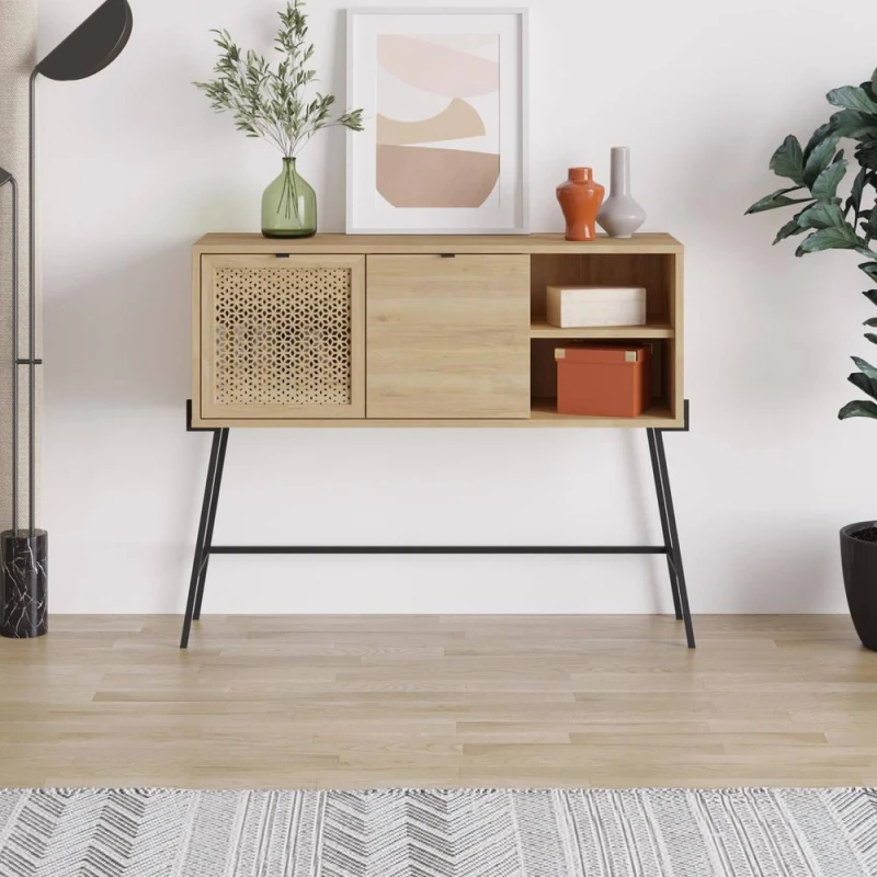 Image of FWStyle FWStyle Naive 2 Door 2 Shelf Sideboard Sapphie Oak Effect Metal Frame in Brown Brown One Size Unisex 8683628009017