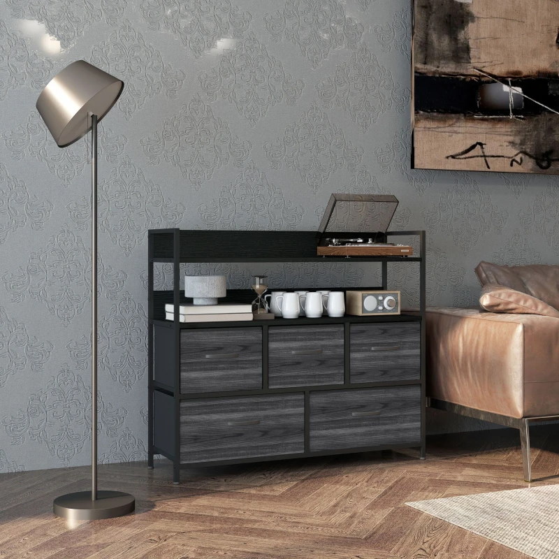 Image of HOMCOM Bedroom Chest of Drawers 5 Drawer Dresser w/ Shelves, Black Black